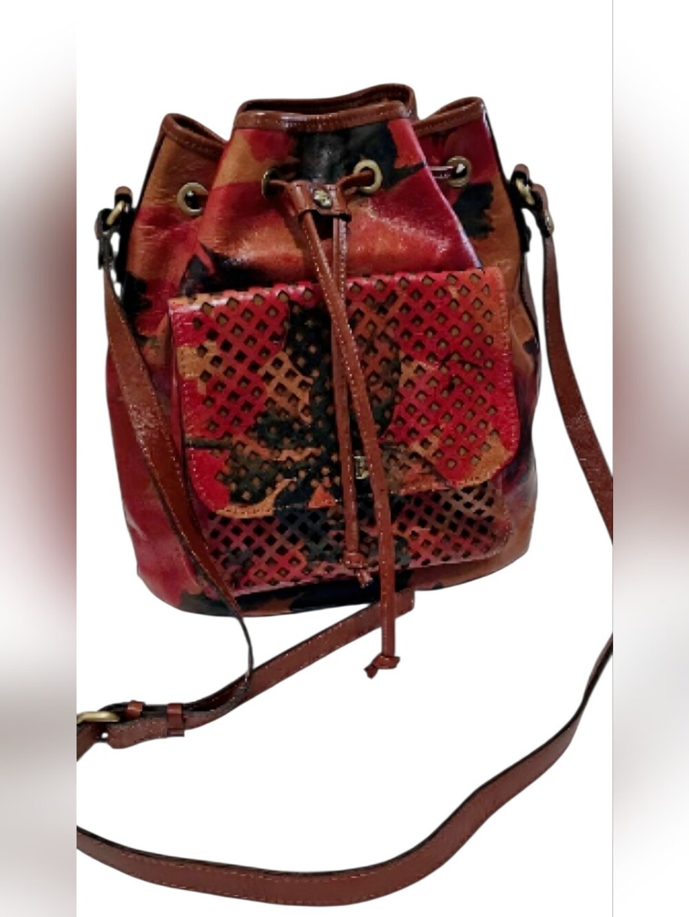Patricia Nash Sabina Leather Floral Drawstring Crossbody Tote Purse Bag
